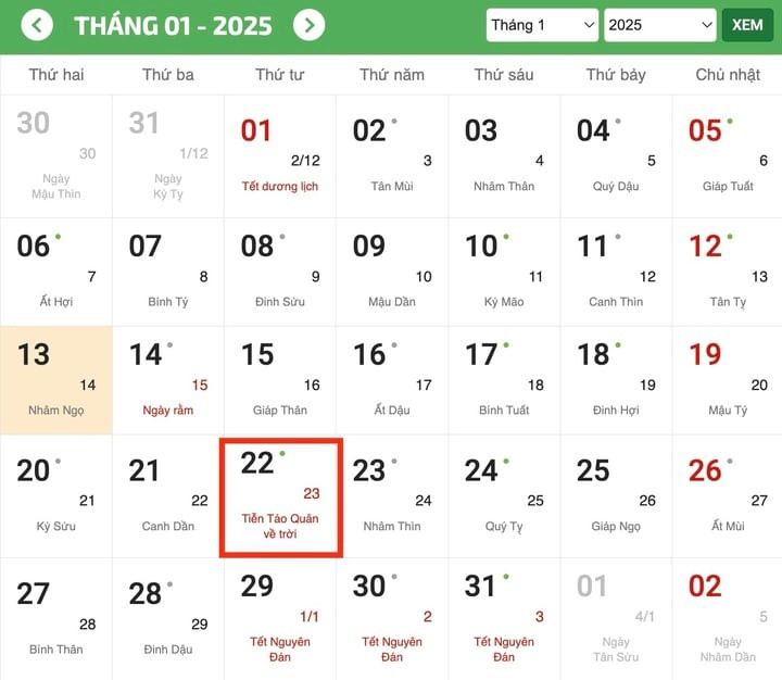 Tết ông Công ông Táo 2025 rơi vào ngày nào Dương lịch? (Ảnh chụp màn hình)
