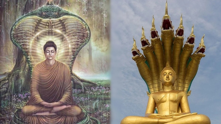 Hình tượng rắn che mưa cho Đức Phật Thích Ca Mâu Ni trong hình tượng kiến trúc và hội họa. (Ảnh minh họa: An Viên)