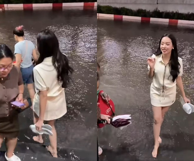 Dở khóc dở cười Hoa hậu Vbiz bì bõm lội nước giữa Hà Nội vóc dáng cam thường gây sốt