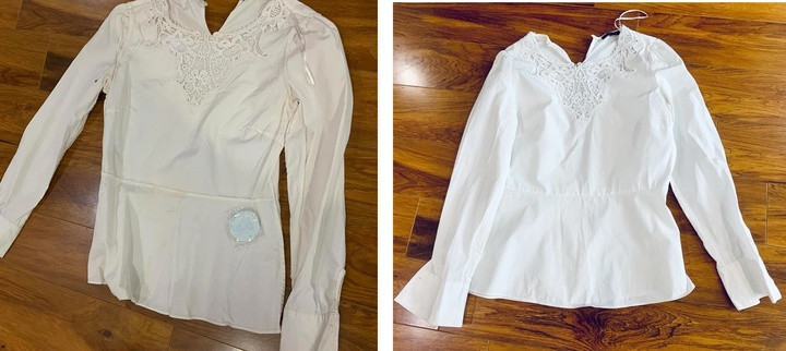 Một chiếc áo trước và sau khi được tẩy trắng. (Ảnh: Chuyên gia cung cấp)
