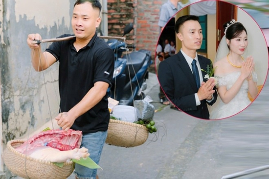 Nhà trai gánh 20kg thịt lợn, 1 buồng cau đi hỏi cưới cô gái Hà Nội gây sốt