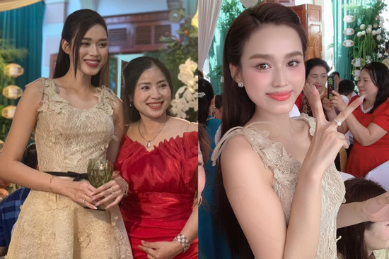 Nhan sắc đẹp bất chấp cam thường của hoa hậu Đỗ Thị Hà trong đám hỏi