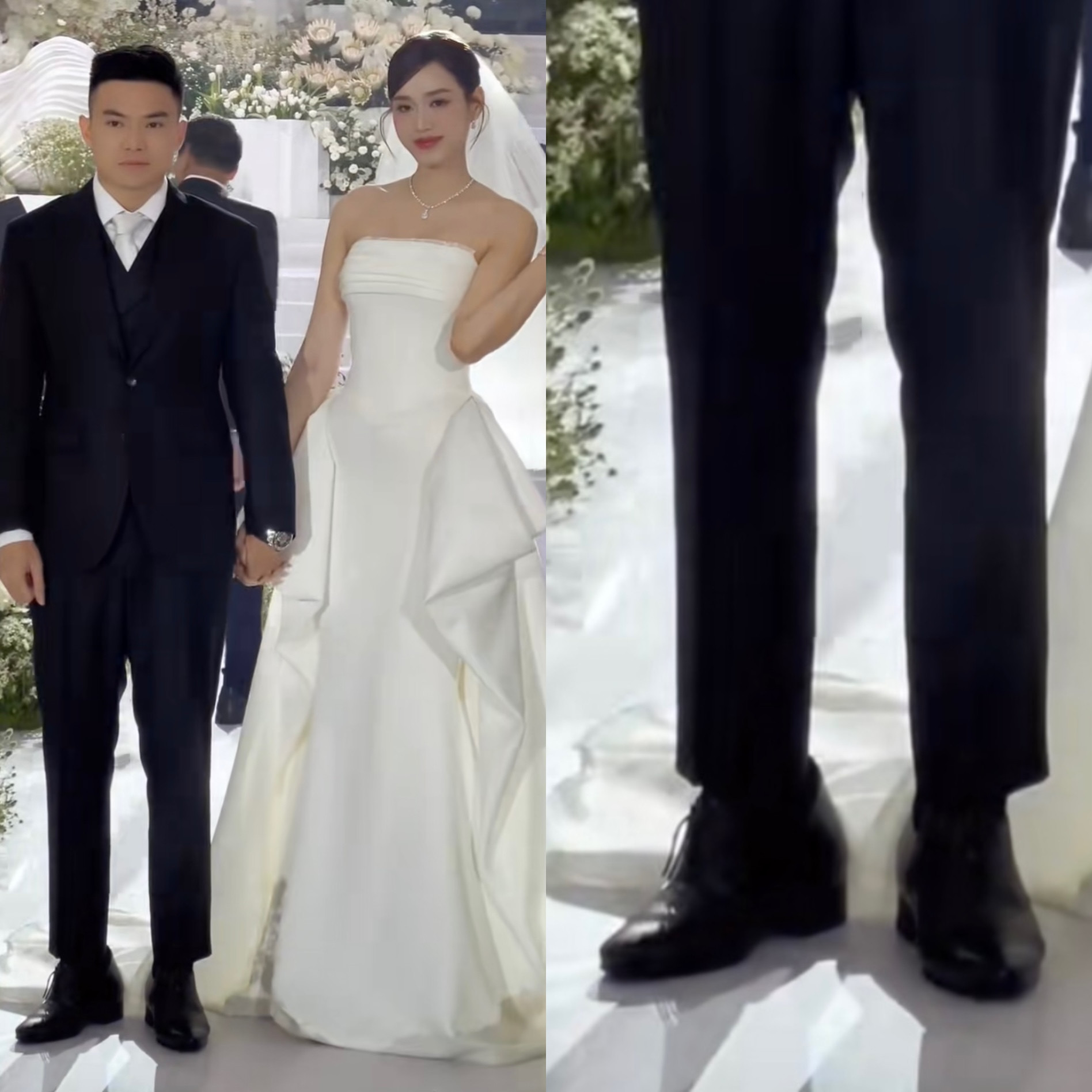 Chồng Đỗ Thị Hà bị soi đi giày độn tránh lệch pha với vợ 1m77 trong đám cưới