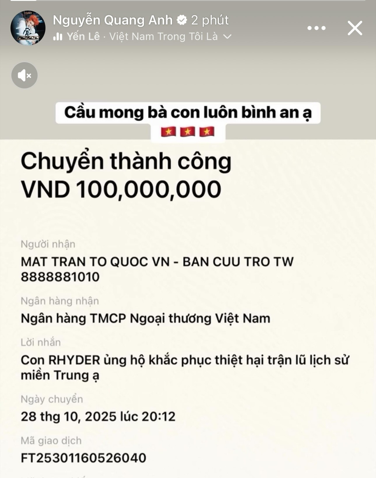 Quán quân The Voice Kids Quang Anh Rhyder liên tiếp ủng hộ số tiền lớn cho bà con vùng bão lũ