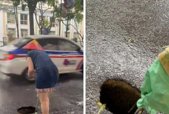 Hố sụt sâu gần 1m giữa lòng đường Hà Nội