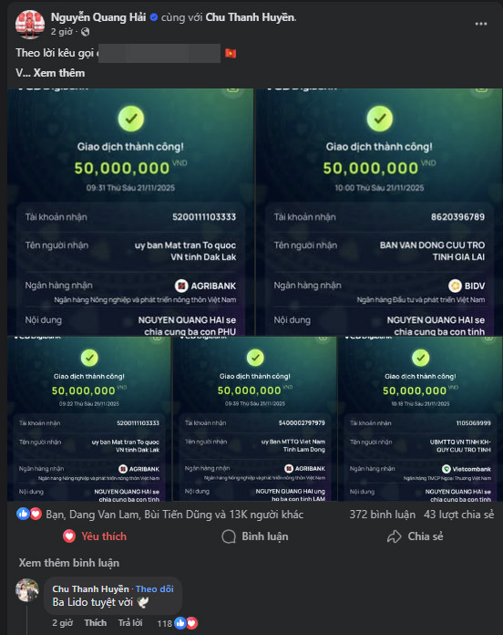 Quang Hải chi số tiền cực lớn ủng hộ 5 tỉnh thiệt hại nặng nề vì mưa bão