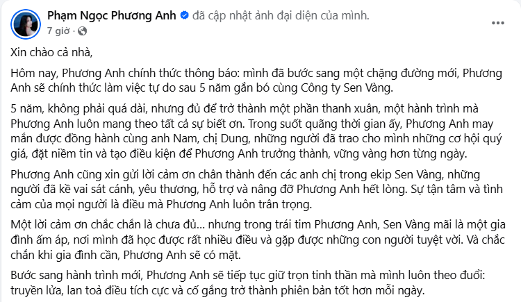 Á hậu Vbiz đột ngột thông báo rời Sen Vàng sau 5 năm lý do là gì