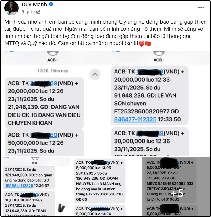 Duy Mạnh liên tiếp ủng hộ số tiền lớn và động thái của Cường Đô La