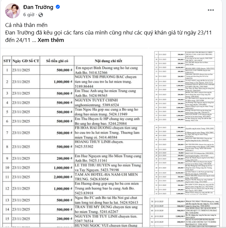 Đan Trường tung sao kê sau ồn ào minh bạch tiền từ thiện