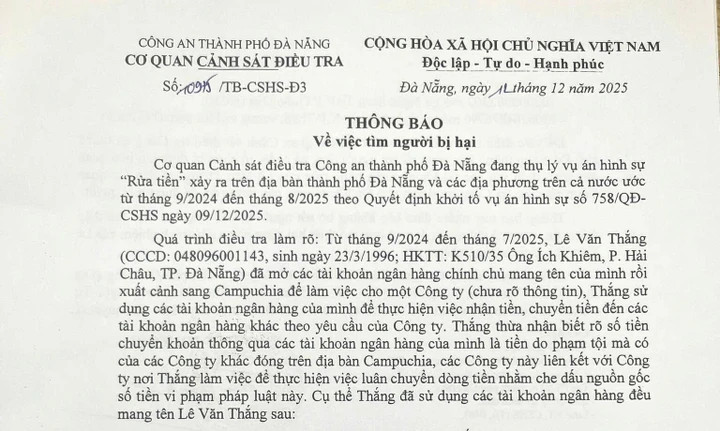 Công an TP Đà Nẵng thông báo tìm bị hại liên quan đến hành vi
