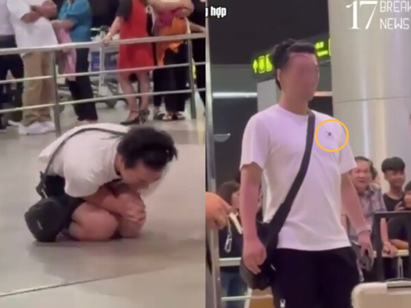 A South Korean man suspected of sexually harassing a woman on a Vietjet Airlines flight from Ho Chi Minh to Busan is seen sobbing at a Vietnamese airport wearing a T-shirt with a Korean flag on it. [End of the TikTok video]