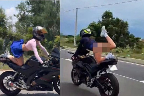 Người phụ nữ nước ngoài 'làm xiếc' trên xe máy ở Khánh Hòa