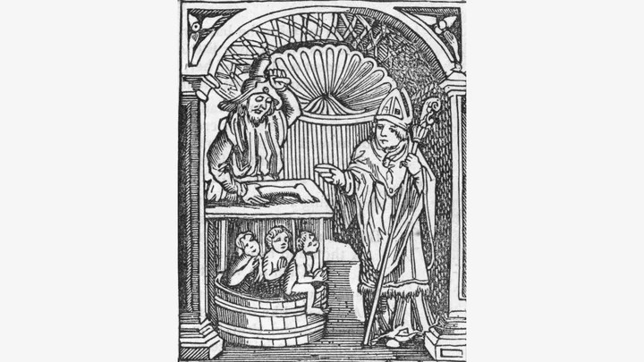 Bức tranh mô tả câu chuyện về Thánh Nicholas và một chủ quán trọ độc ác. (Ảnh: Hulton Archive/Getty Images)
