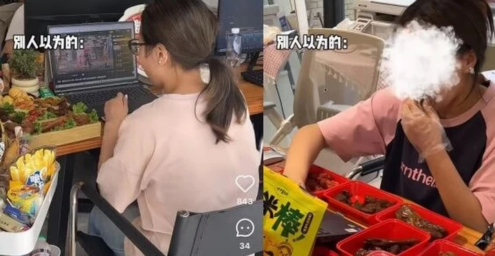 Thức ăn được xếp thành hàng tại nơi làm việc của những người nếm thử thức ăn chuyên nghiệp này. (Ảnh: RedNote)