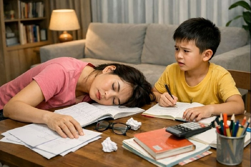 Mẹ ngất xỉu, nhiễm kiềm hô hấp vì quá tức giận khi dạy con học. Ảnh minh họa AI.