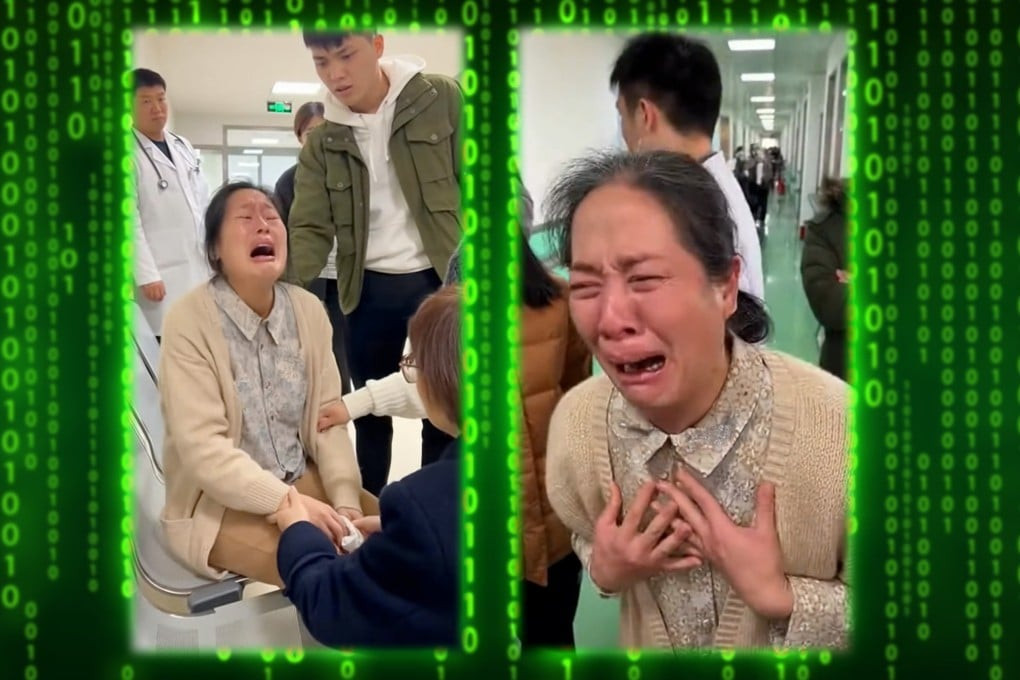 Parents in China are sharing artificial intelligence-generated videos of distraught middle-aged single women crying in a bid to encourage their children to get married. Photo: SCMP composite/Shutterstock/Douyin
