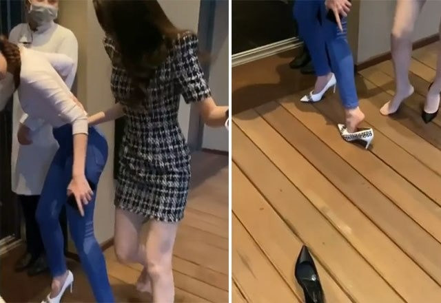 Mỹ nhân Vbiz ngã dúi dụi nơi đông người vì giày cà kheo phản ứng chồng ca sĩ gây chú ý