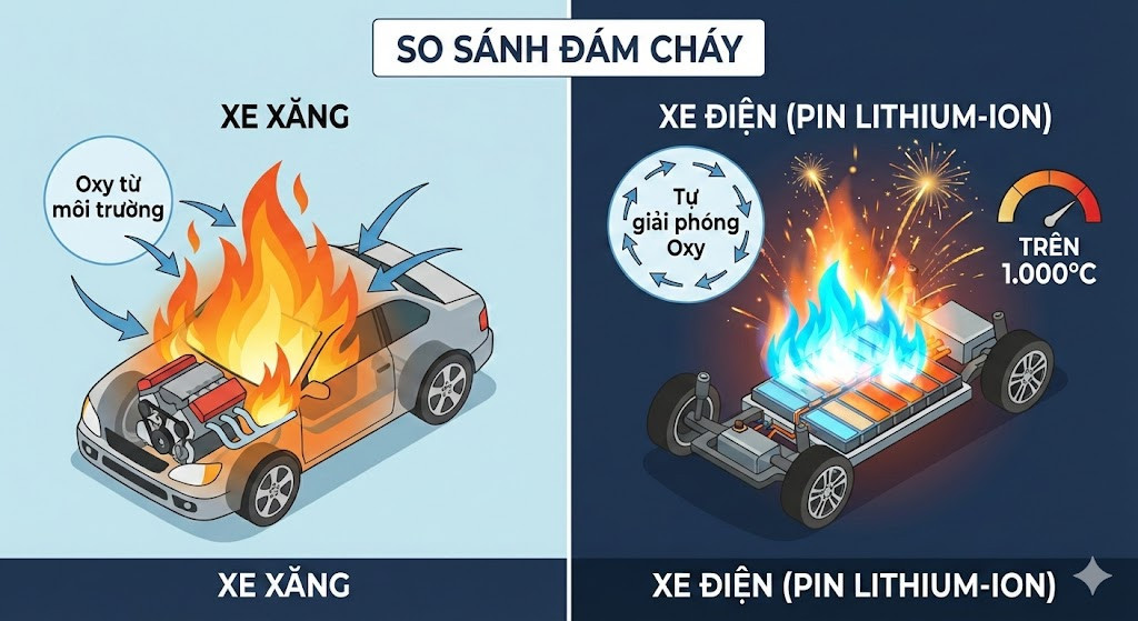 Hình 1. So sánh đám cháy xe điện và xe xăng nguồn AI.jpg