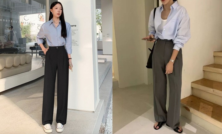 Kiểu phối quần đen với áo sơ mi rất phù hợp với môi trường công sở.