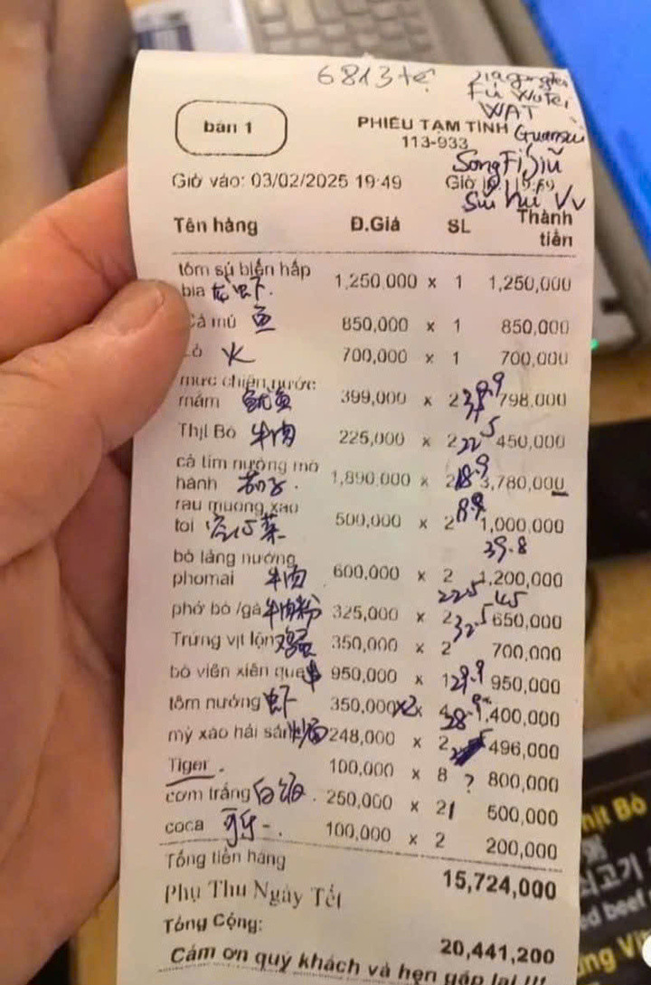 Hóa đơn tính tiền tài khoản Minh Hà chia sẻ.