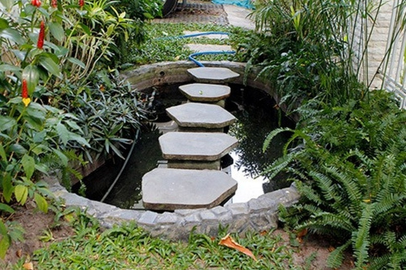 Phía ngoài, chiếc xích đu nhỏ xinh được đặt cạnh tán cây xanh mát, ngoài ra còn có một hồ cá nhỏ giúp góc vườn thêm đẹp.