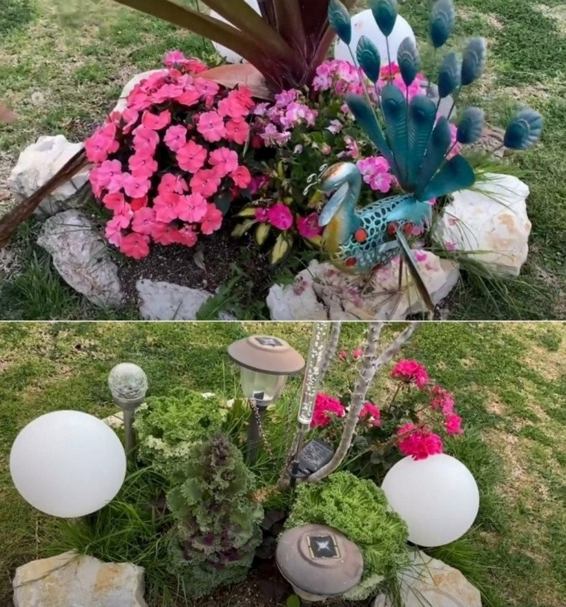 Có thể thấy, nữ ca sĩ và gia đình dành nhiều thời gian trang trí cho vườn nhà. Những khóm hoa tươi nở rộ dưới ánh nắng, điểm xuyết thêm tượng công và các chi tiết trang trí tinh tế.