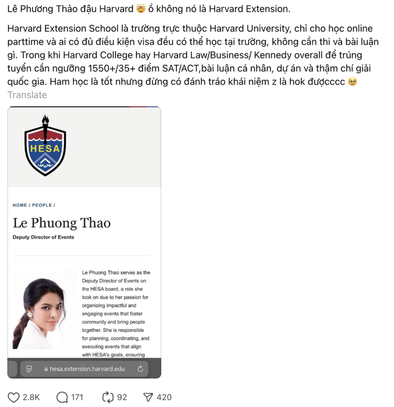 Thêm một á hậu vbiz bị nghi lố học vấn thành thích ĐH Harvard chỉ là phông bạt