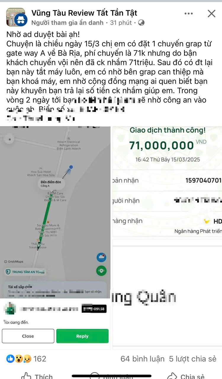 Đi Grab 71.000 đồng, hành khách chuyển nhầm thành 71 triệu đồng- Ảnh 1.