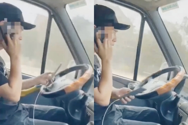 Rùng mình tài xế vừa chở khách vừa 2 tay cầm 2 điện thoại