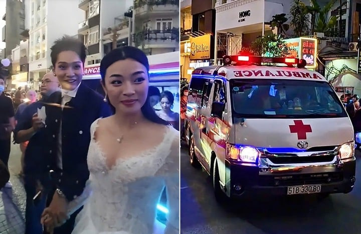 Dàn diễn viên gây tranh cãi khi được xe cứu thương chở đến sự kiện.