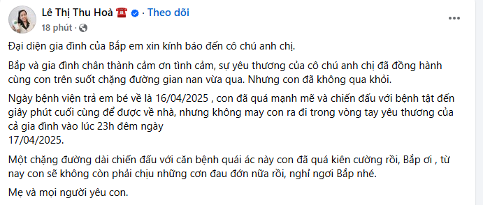 Người thân xót xa chia sẻ những thông tin về bé Bắp trước khi qua đời