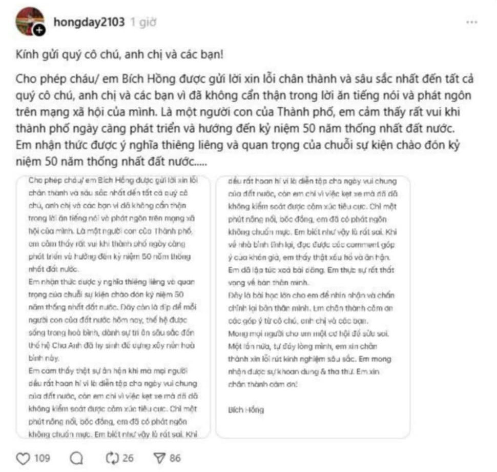 NÓNG BTV Bích Hồng xin lỗi sau phát ngôn diễu binh gây kẹt xe cầu xin được sửa sai