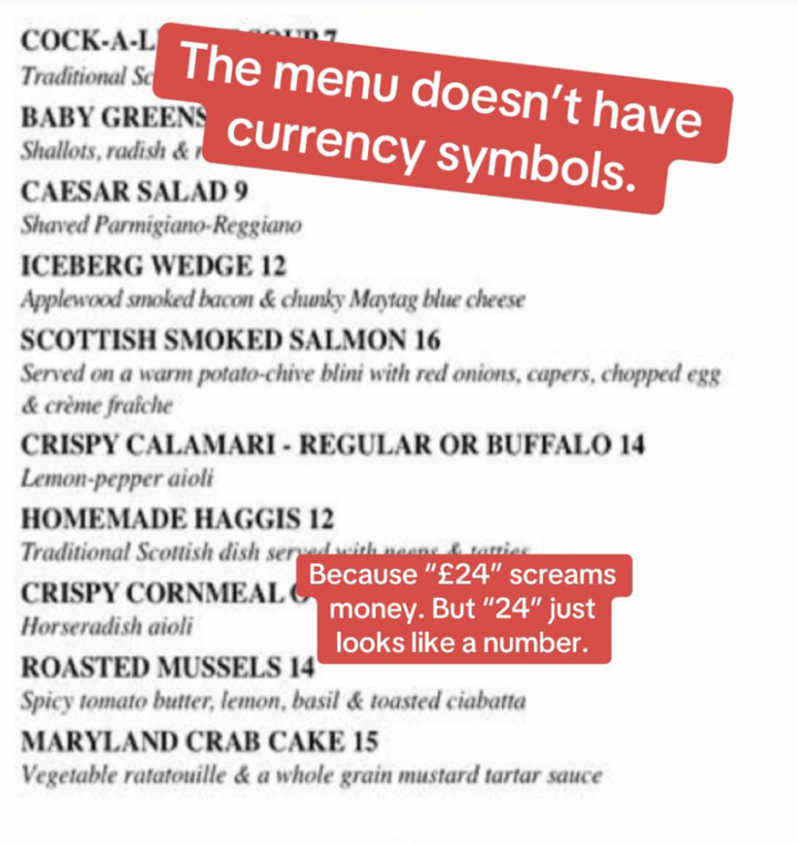 Nhiều nhà hàng không thêm ký hiệu tiền tệ vào giá món ăn.