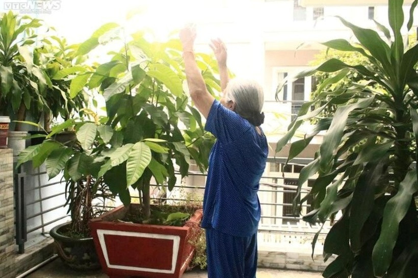 Bên ngoài phòng ngủ của NSƯT Phi Điểu có một sân vườn nhỏ. Mỗi buổi sáng, bà thường ra đây để hít thở không khí, tập thể dục để duy trì sức khỏe.