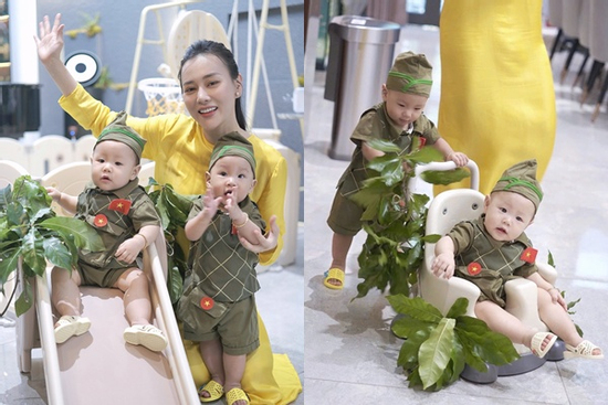 Cặp song sinh nhà Phương Oanh gây sốt khi hóa thân thành chiến sĩ nhí