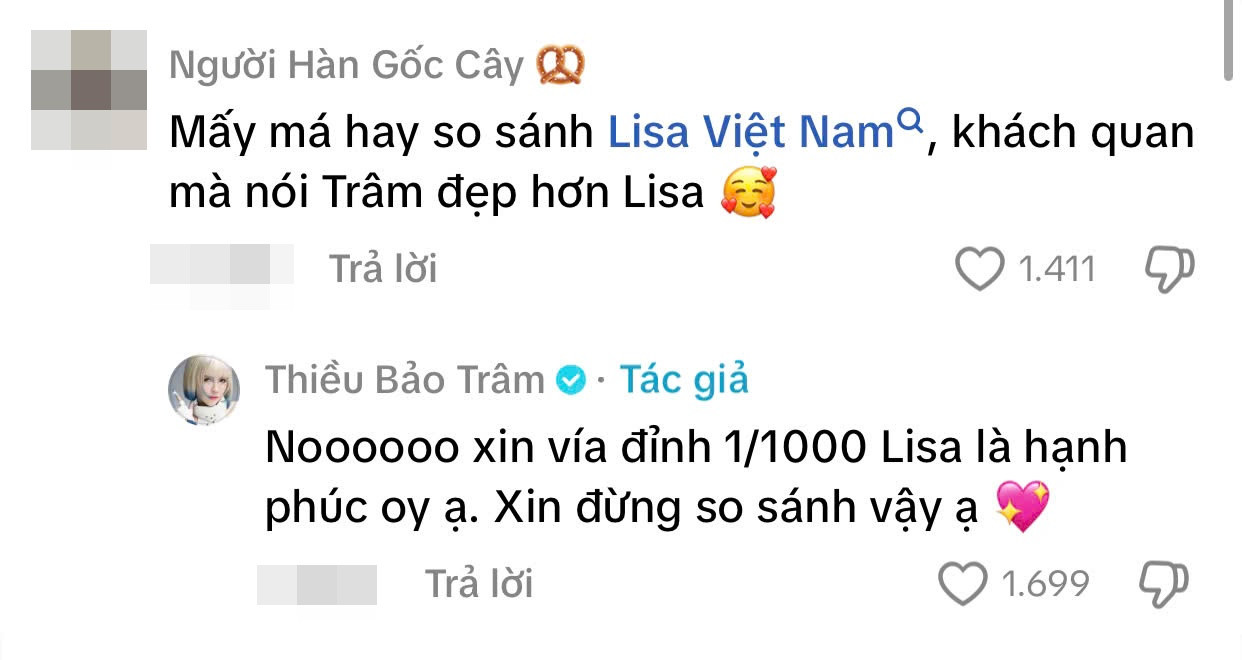 Thiều Bảo Trâm nói 1 câu lộ rõ thái độ khi bị so sánh với Lisa (BLACKPINK) Thiều Bảo Trâm nói 1 câu lộ rõ thái độ khi bị so sánh với Lisa BLACKPINK