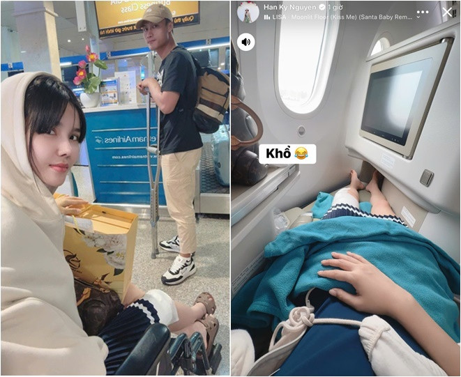 Vợ Mạc Hồng Quân gãy xương đùi được chồng chăm như em bé ngồi máy bay hạng thương gia