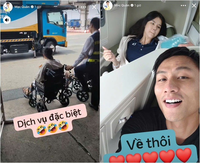 Vợ Mạc Hồng Quân gãy xương đùi được chồng chăm như em bé ngồi máy bay hạng thương gia