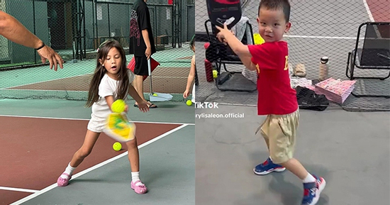 Biểu cảm trái ngược của cặp song sinh nhà Hồ Ngọc Hà khi chơi pickleball