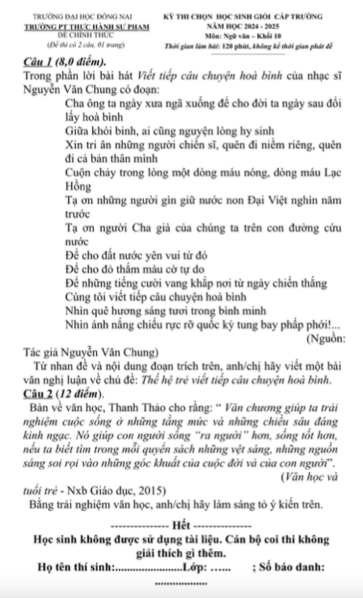 Đề thi học sinh giỏi cấp trường của trường PT Thực hành Sư Phạm - Đại học Đồng Nai.