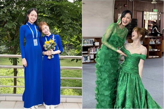 Hoa hậu Thanh Thủy như người khổng lồ khi đứng cạnh Hòa Minzy