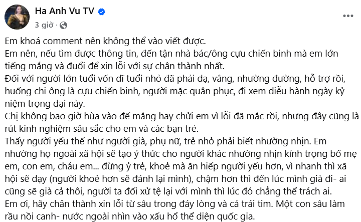 Siêu mẫu Hà Anh lên tiếng việc nam sinh viên vô lễ với cựu chiến binh
