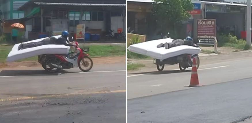Thót tim cảnh người đàn ông lái xe máy trong khi nằm trên nệm- Ảnh 2.