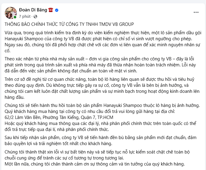 Thông báo gây xôn xao phía Đoàn Di Băng sau scandal loạt sản phẩm dầu gội bị tiêu hủy