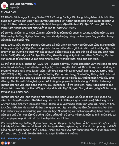 Quyết định bất ngờ của ĐH Văn Lang liên quan vụ nam sinh vô lễ với cựu chiến binh