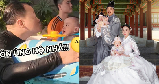 Cặp song sinh nhà Phương Oanh - Shark Bình mới 1 tuổi đã được bố mẹ cho học bơi