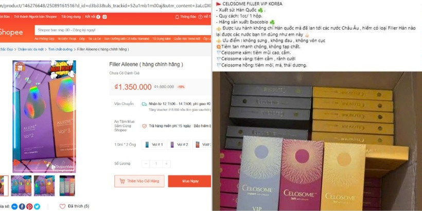 Tình trạng filler được bán tràn lan trên mạng xã hội vô cùng nhiều. Ảnh chụp màn hình