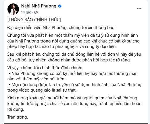 Nhã Phương lên tiếng đính chính về hình ảnh tại thẩm mỹ viện
