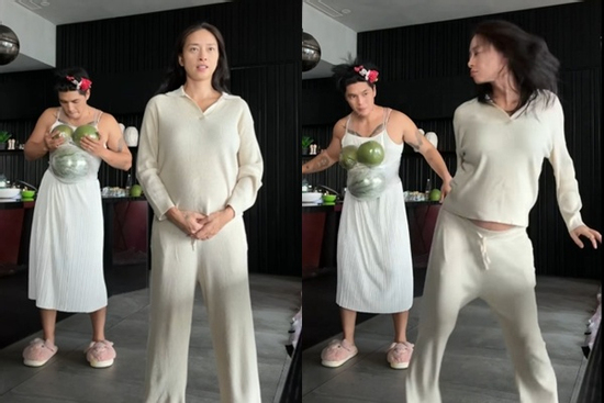 Cười xỉu khoảnh khắc ông xã Ngô Thanh Vân mặc váy thử cảm giác mang bầu