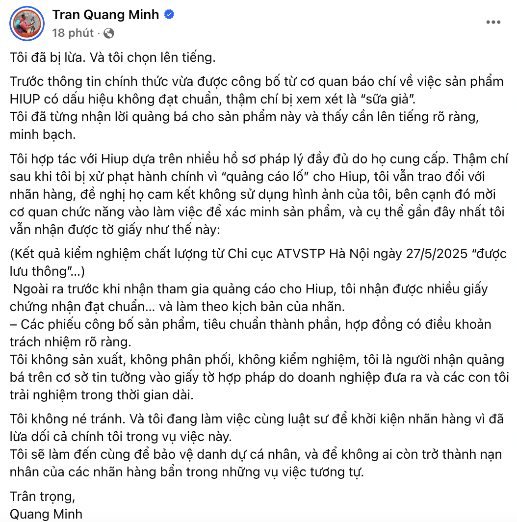 BTV Quang Minh có động thái bất ngờ vì từng liên quan đến quảng cáo sữa giả Hiup